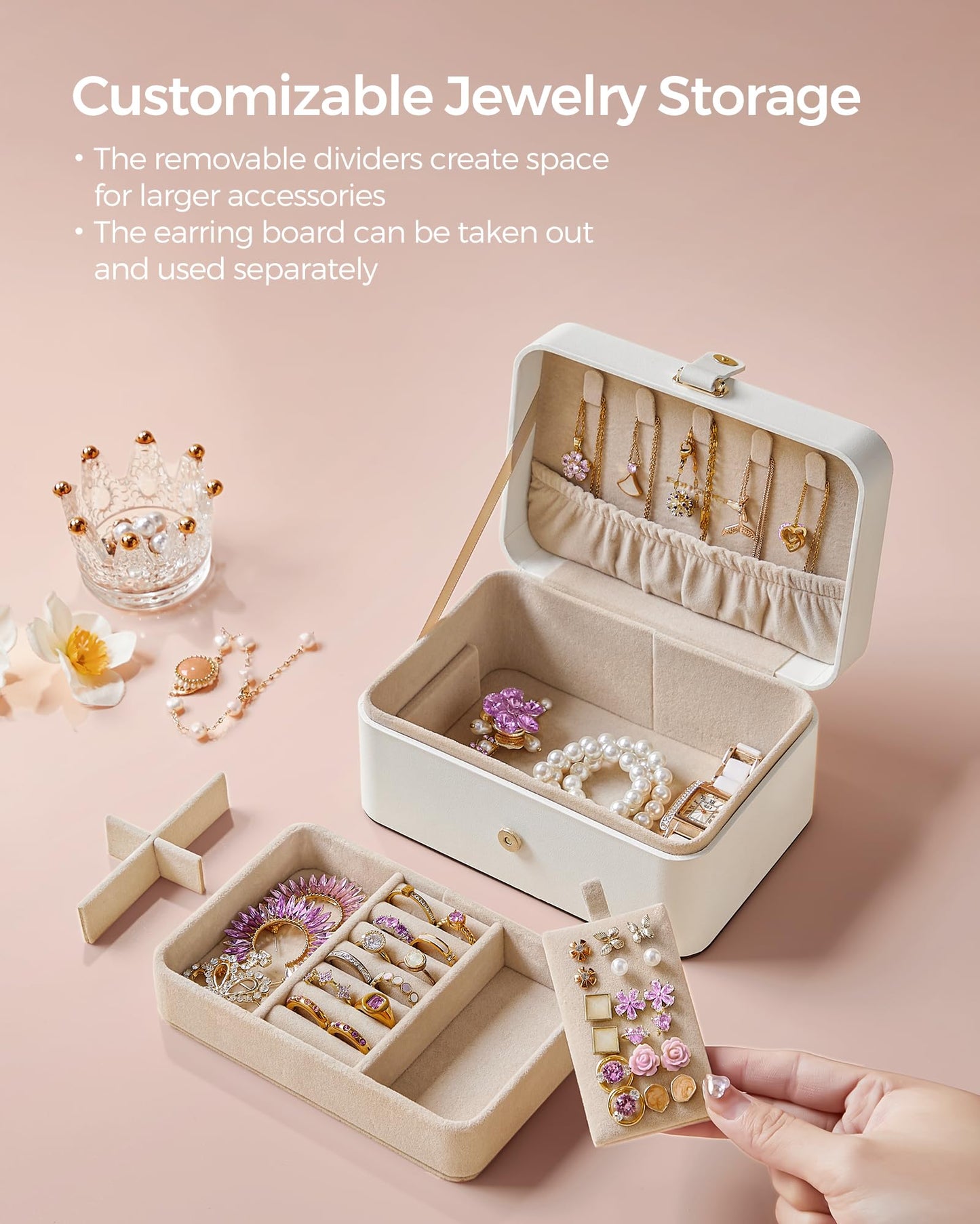 SONGMICS Jewelry Organizer Box, 2-Layer Travel Case for Earrings, Necklaces, Bracelets - Portable Jewelry Storage with Large Cap