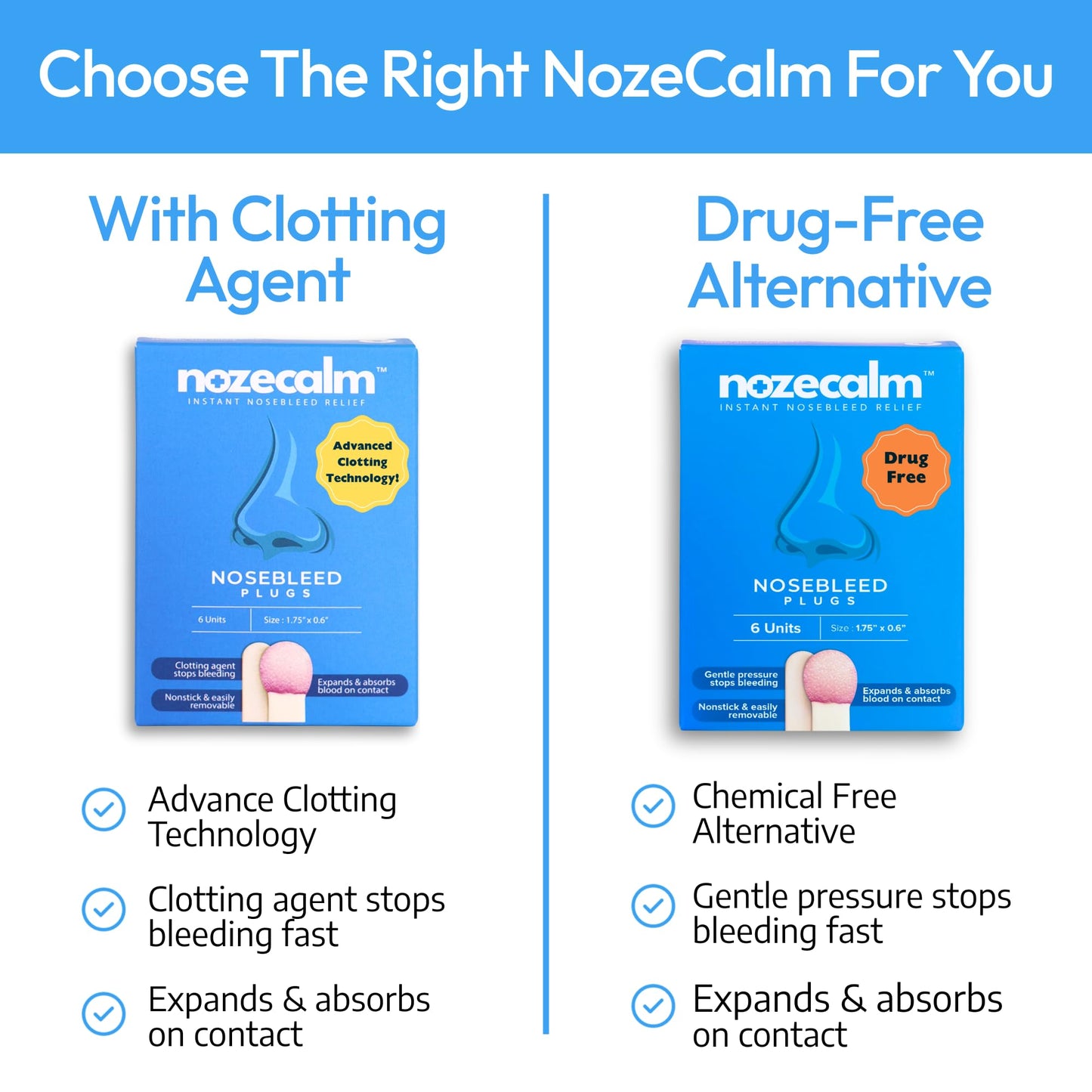 NozeCalm Nose Bleed Stopper - Nasal Plugs for Kids, Adults & Seniors, Instant-Acting Non-Stick Plugs - Disposable Zero-Chemical Bloody Nose Solution for Emergency Supplies & Travel - 6 Counts