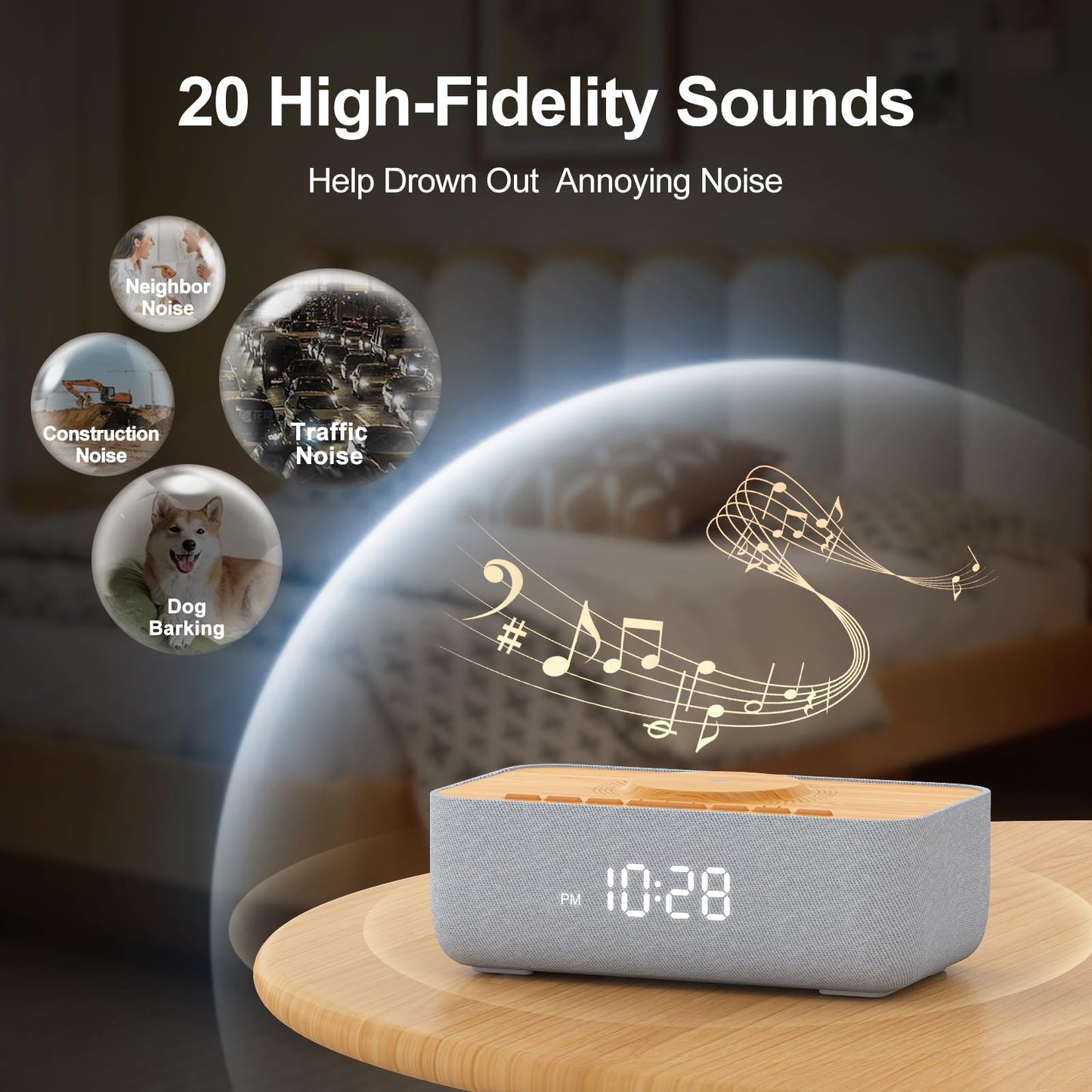REACHER 15W Fast Magnetic Wireless Charging Alarm Clock with White Noise Machine, Woodgrain Style, 20 High‑Fidelity Sounds, Gradual Wake & Snooze, 0–100% Dimmable Digital Clock, Bedroom & Office