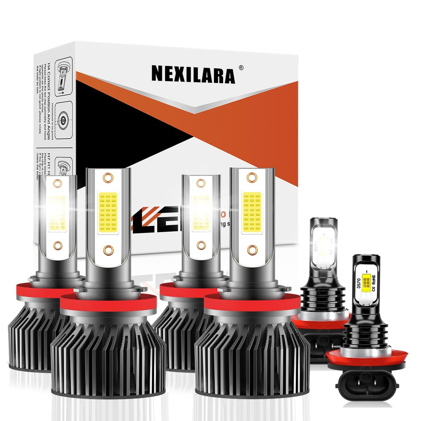 Nexilara H11/H8/H9 Led Bulbs Combo For 2016-2023 Toyota Tacoma, 600% Brightness, 6500K White, Aluminum, Pack Of