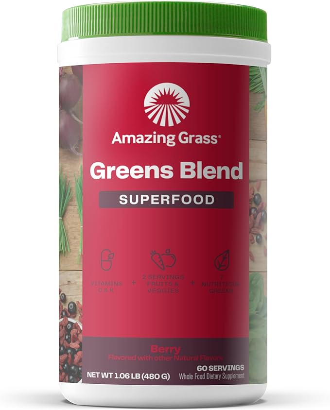 Amazing Grass Greens Blend Superfood: Super Greens Powder Smoothie Mix with Spirulina, Chlorella, Beet Root Powder, Digestive Enzymes & Probiotics, Berry, 60 Servings (Packaging May Vary)