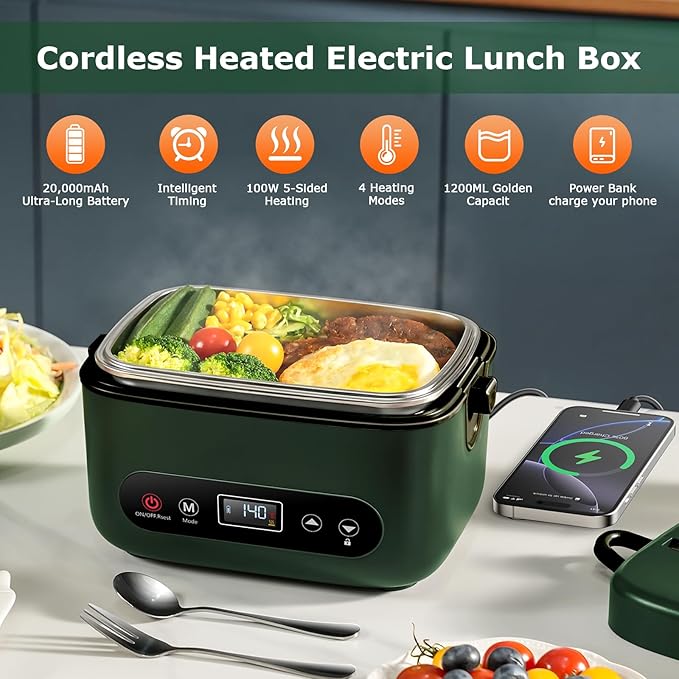 1.2L Cordless Electric Lunch Box – 20000mAh Rechargeable Portable Food Warmer with 5-Sided Heating, Auto Temperature Control, Leakproof & BPA-Free – Perfect for Office, Truck, Outdoors Green