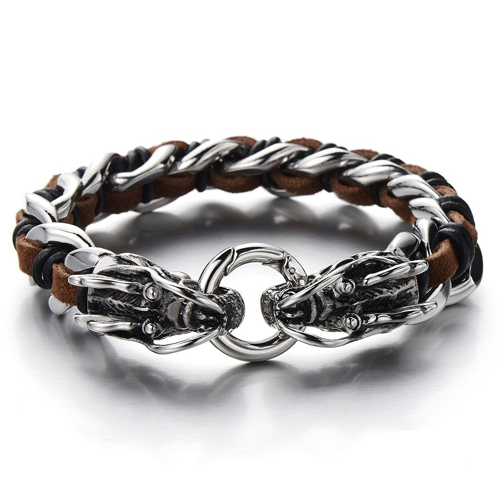 COOLSTEELANDBEYOND Stainless Steel Mens Dragon Curb Chain Bracelet Interwoven with Brown Genuine Leather Strap
