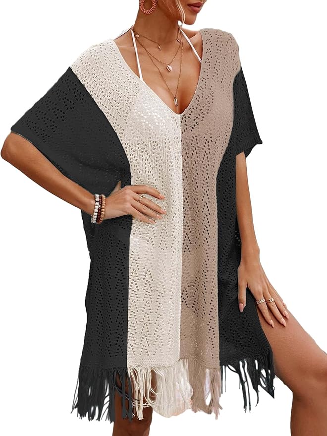 BreathSunny Womens Oversized Crochet Beach Dresses Summer 2026 Scoop Neck Cap Sleeve Bathing Suit Cover Up Mini Dress