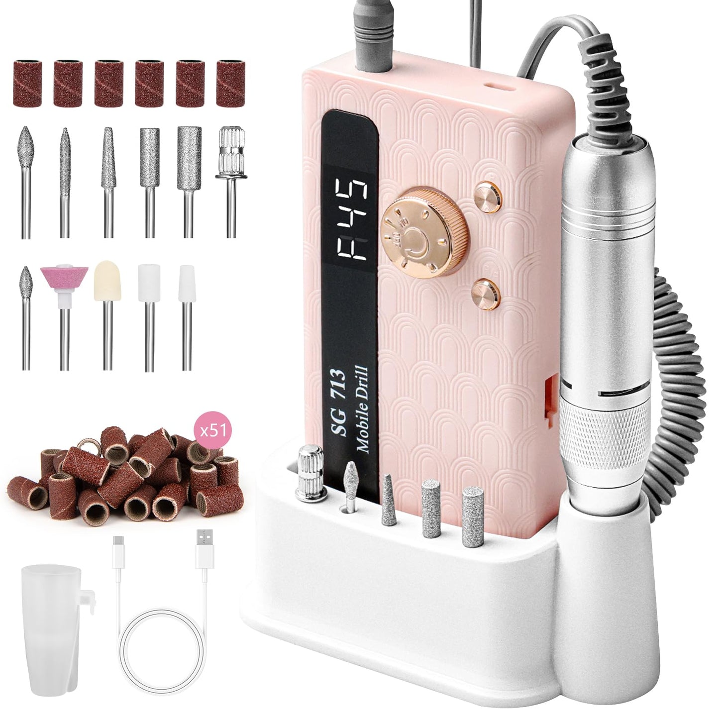 Electric Nail File Professional Kit - 45000RPM Portable Nail Drill Electric File with 11 Bits & Base?LED Screen?Ultra-Silent, Re
