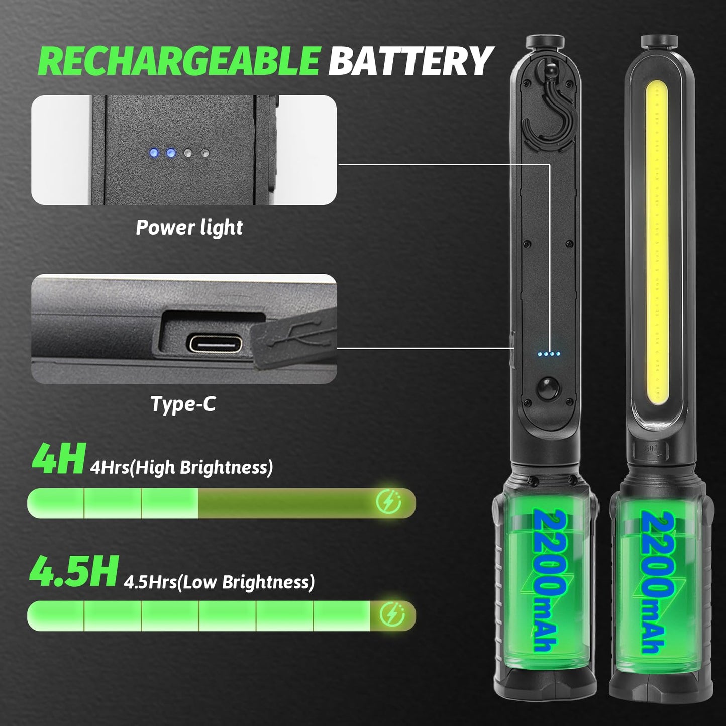 Rechargeable Mechanic Light, Single or Dual Use Underhood Work Light with Magnet and Sensor, 2400LM Magnetic Work Light Bar for Car, Inspection, Workshop, Garage, Emergency (2 Pack)