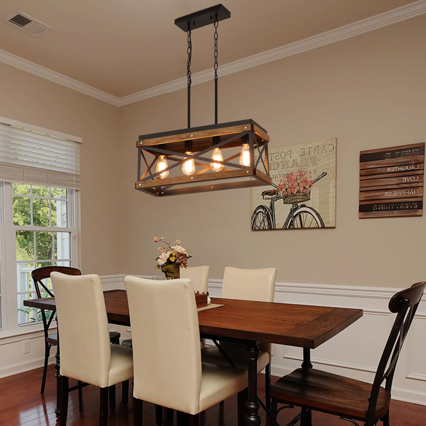 Rustic Farmhouse Wood Kitchen Island Lighting  4 Lights Rectangular Pendant Light Fixture  Adjustable Chain Oak Wood And Metal Linear Chandelier For Dining Room Kitchen Island Farmhouse  Black