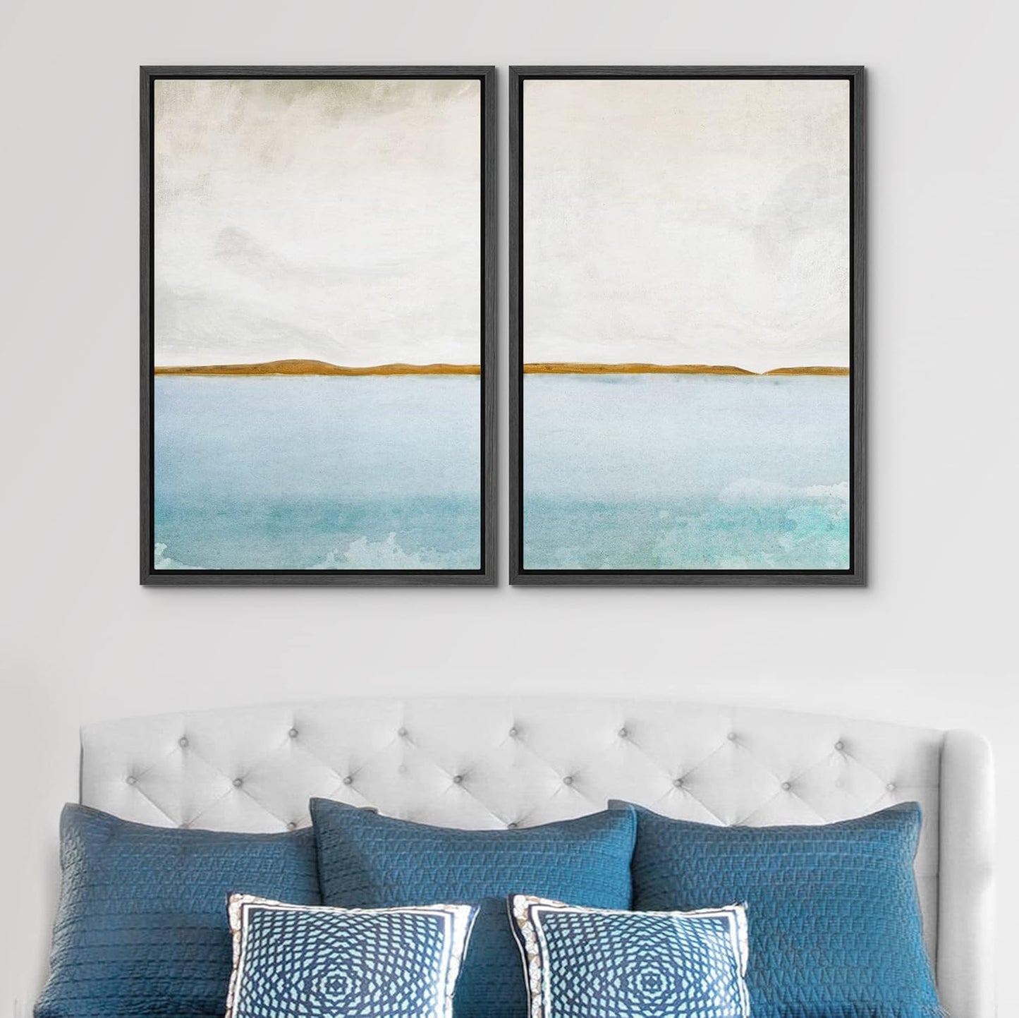 SIGNWIN Framed Canvas Print Wall Art Set Gold Blue Ocean Sea Beach Landscape Nature Wilderness Illustrations Modern Art Decorative Rustic Chic for Living Room, Bedroom, Office - 24"x36"x2 Black