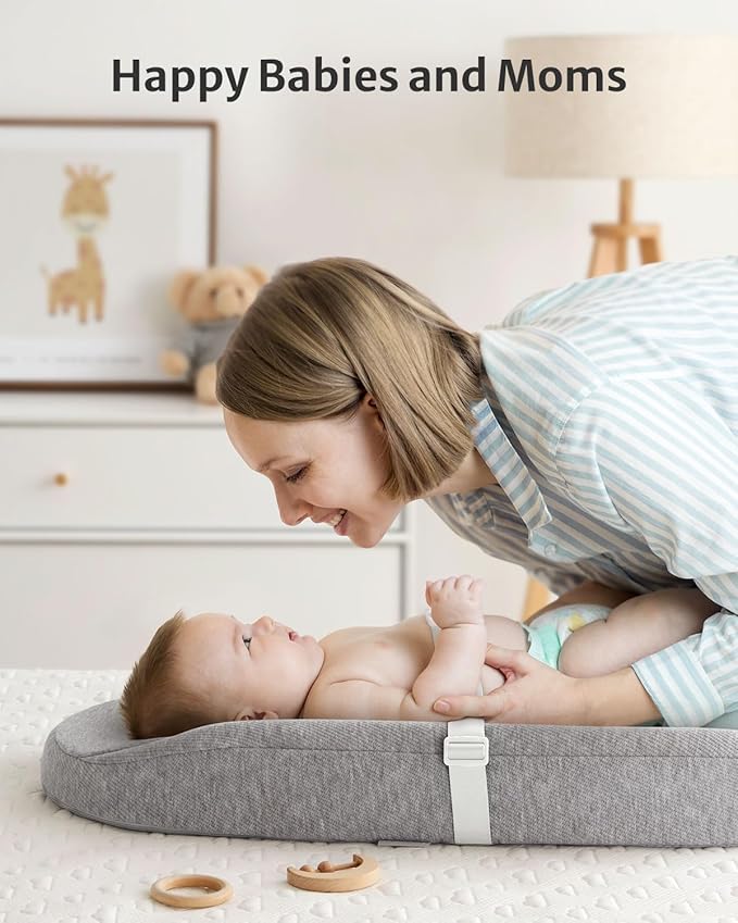 Blissful Diary Baby Changing Pad with Waterproof Lining Foam, Includes a Soft & Washable Cover, Contoured Changing Table Pads for Dresser Top with Non-Slip Bottom, 32”×16” (Grey, Avocado)