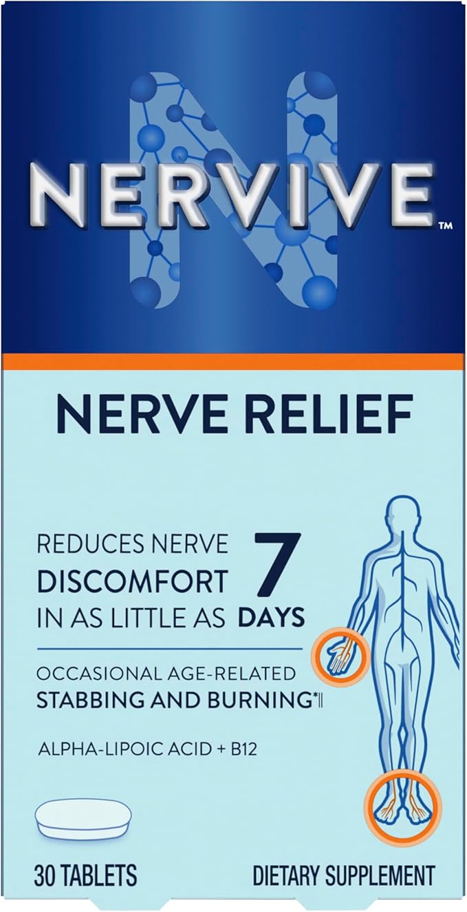 Nervive Nerve Relief, with Alpha Lipoic Acid, to help Reduce Occasional Nerve Discomfort in as Little as 7 Days, ALA, Vitamins B12, B6, & B1, Turmeric, Ginger, 30 Tablets (Packaging May Vary)