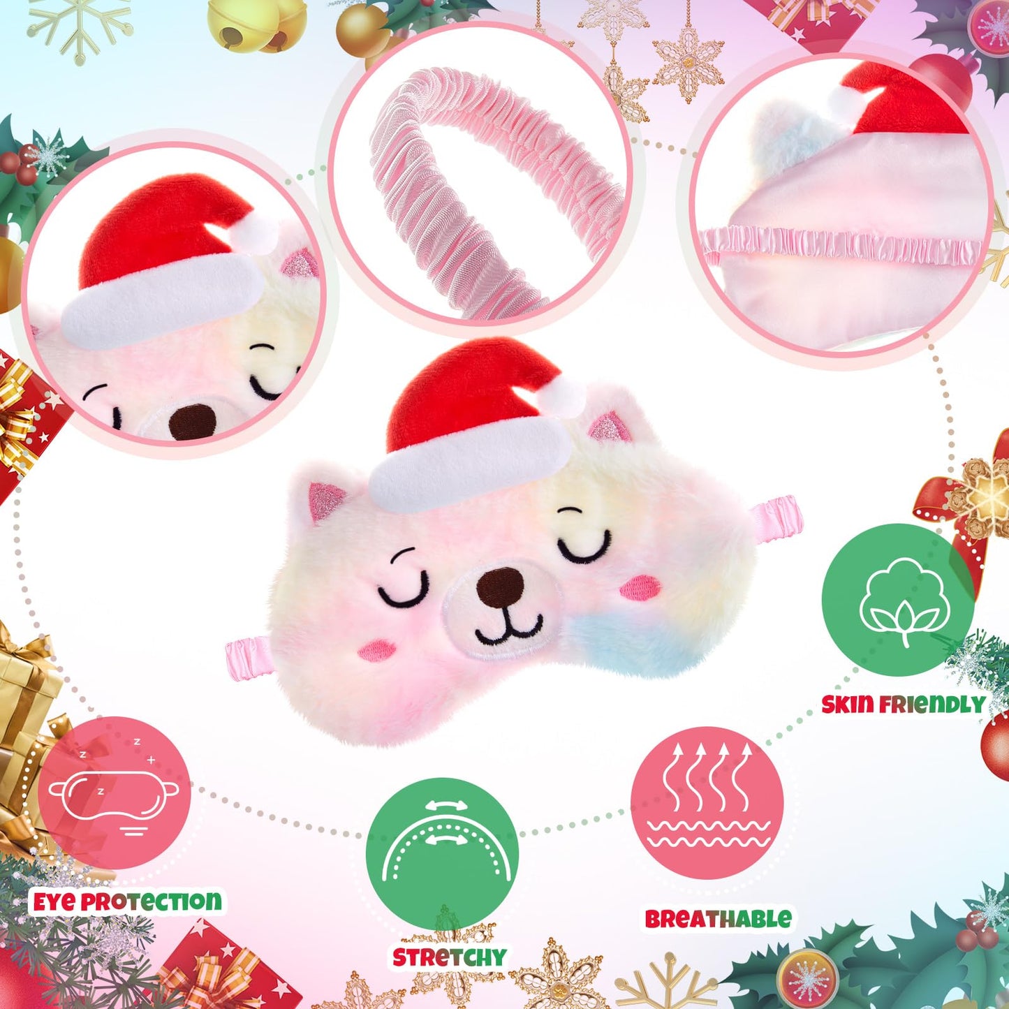 Geyoga 6 Pieces Christmas Sleeping Mask for Kids Girls Eye Mask Cute Reindeer Penguin Bear Animal Soft Plush Blindfold Eye Cover Shade for Toddler and Adult Xmas Party Gifts(Rainbow)