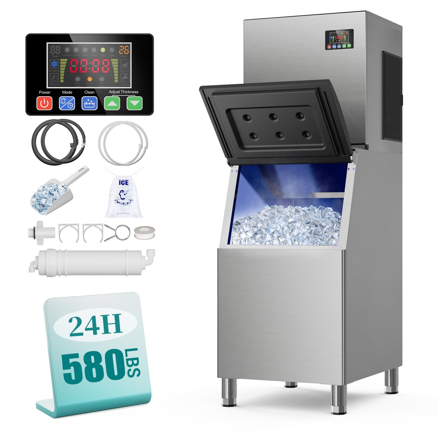 Commercial Ice Maker Machine 580LBS/24h with 450 LBS Storage Bin, Ice Ready in 8-15 Min, Self Cleaning Stainless Steel Industrial Ice Machine for Bar Restaurant Cafe