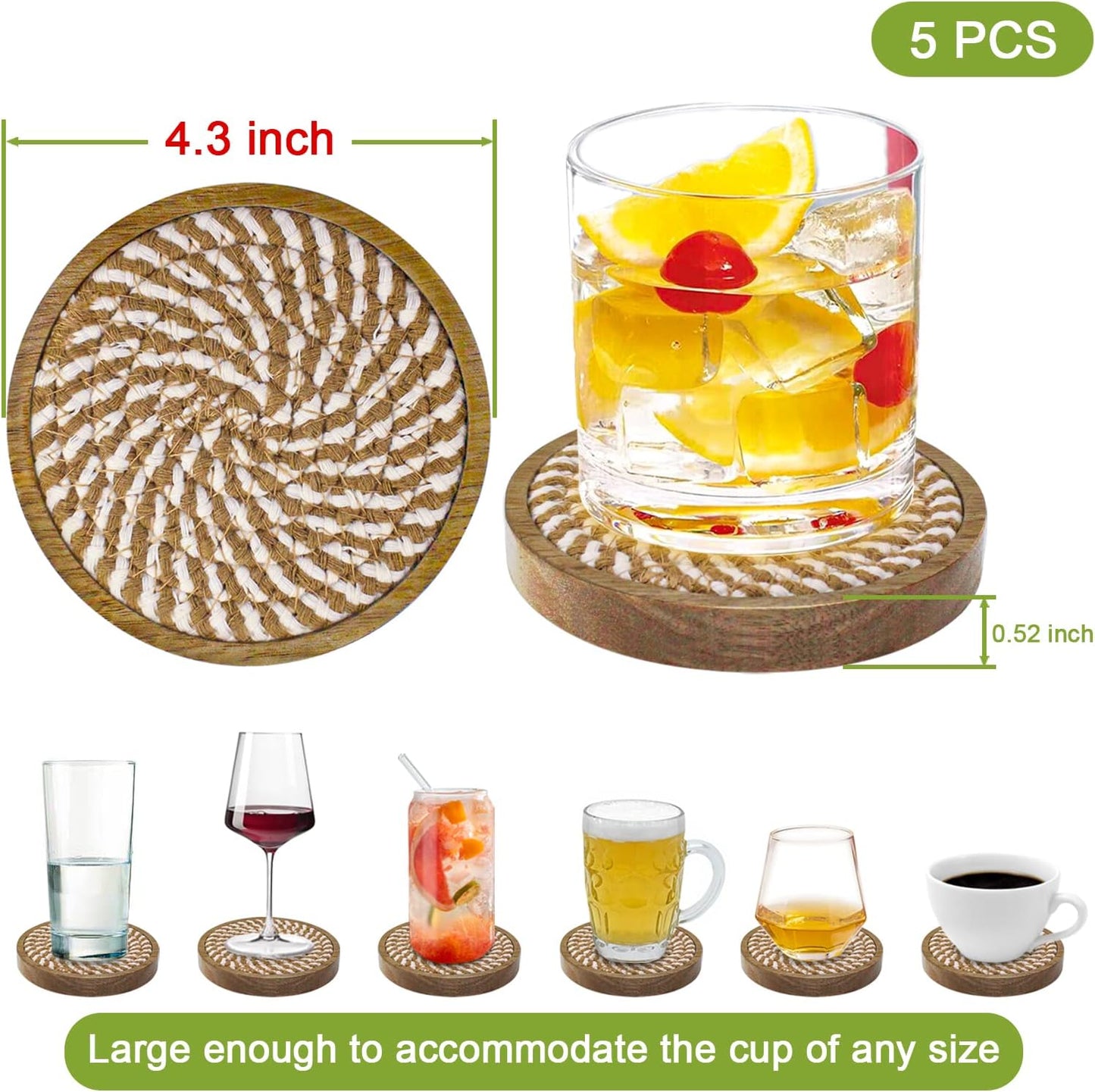 5 Pack Coasters for Drinks Absorbent, 4.3 inches Woven Coasters for Coffee Tables, Wooden Drink Coasters for Table Protection, Reusable Drink Coasters for Kitchen, Farmhouse, Bar, Office, Brown