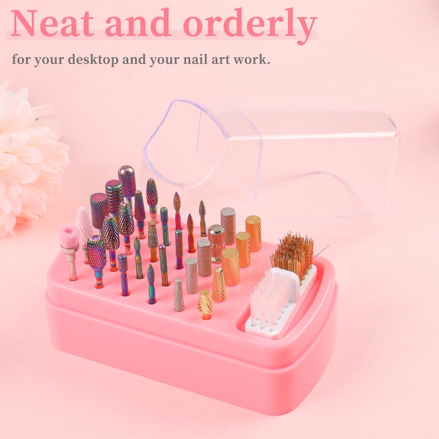 2 in 1 Nail Drill Bits Holder & Cleaning Brush Case,30 Holes Dustproof Nail Art Drill Bits Stand Display Storage Box and Nail Dr