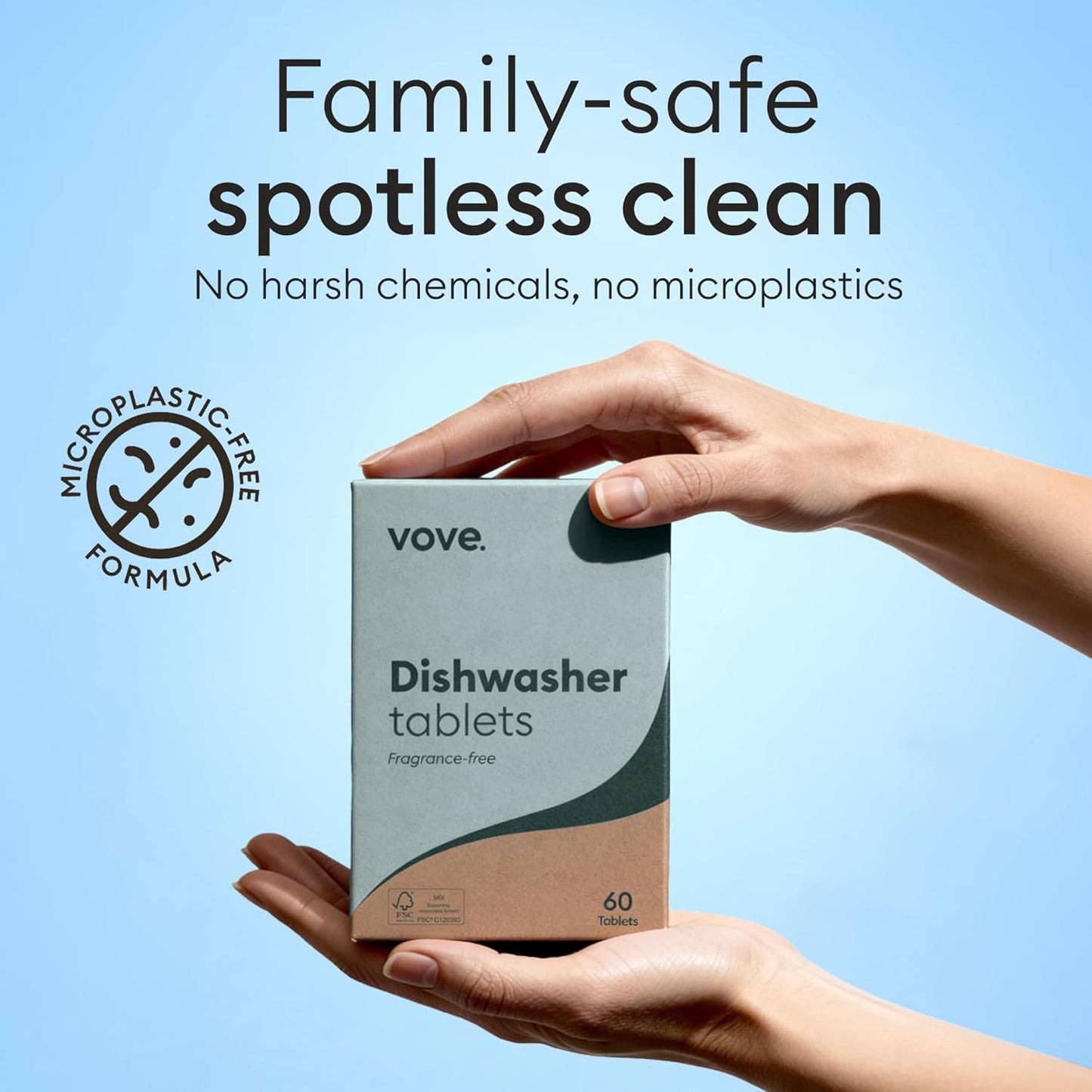 Vove Plastic-Free Dishwasher Tablets, 60 Pack - All-in-One Plant-Based Formula with 2x Enzyme Power - Tackles Stubborn Stains, No Pre-Rinse Needed, Biodegradable & Concentrated, Fragrance-Free