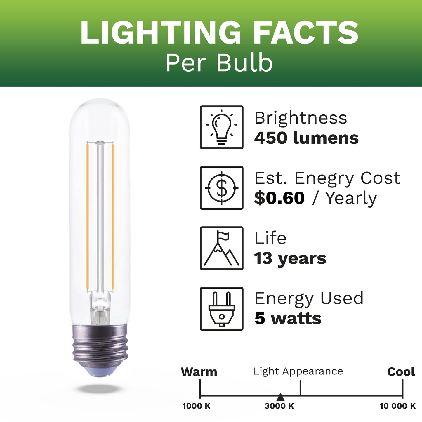 Bioluz Led T10 Filament Bulb 40W (5W) Soft White 3000K E26 Base 6-Pack Ul-Listed