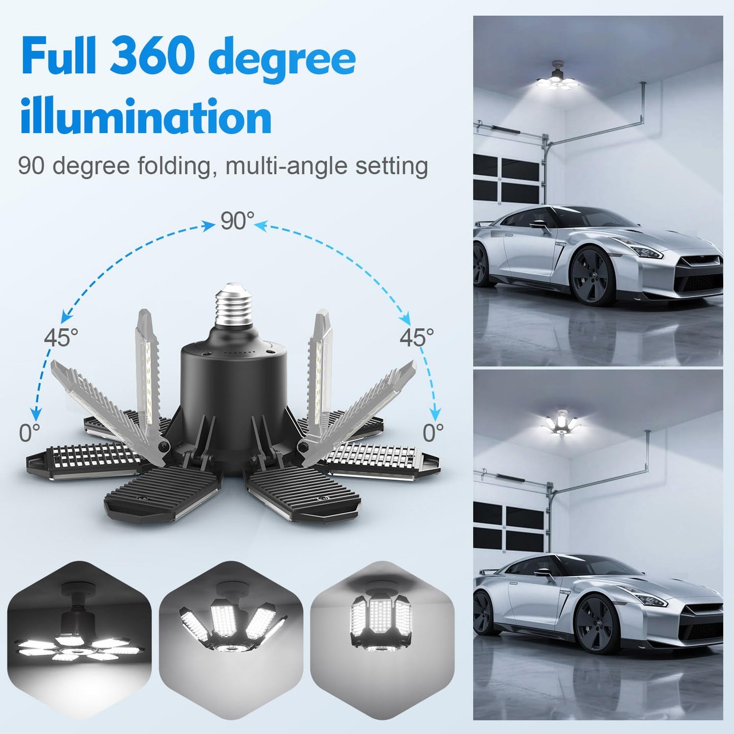 TANBABY 250W LED Garage Lights 2 Pack, 30000LM Deformable Ceiling Light, E26/E27, Black, Model T-180X