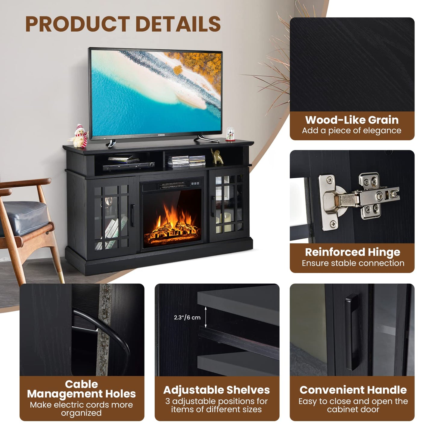 Simoe Modern 48 Inch Electric Fireplace Tv Stand, Tv Console For Tvs With 18 Fireplace Up To 55 Inch With 2 Open Shelves And Cab