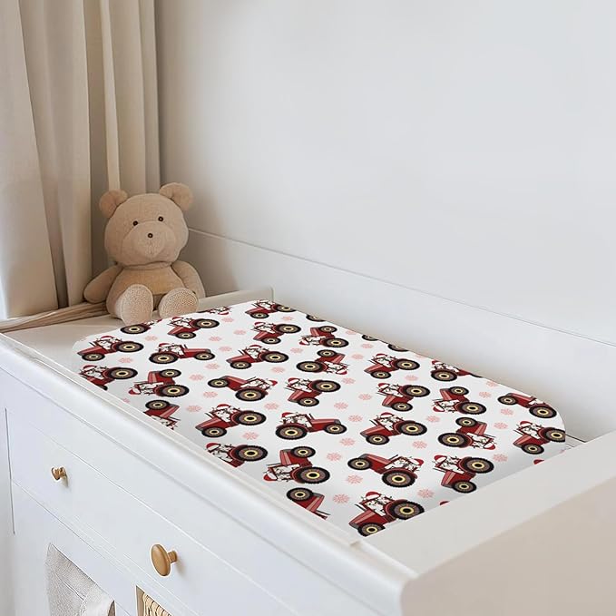 Red Tractors Snowflakes Baby Changing Pad Covers for Boy Girl Christmas Farm Tractor Harvest Fitted Change Table Cover Mats Farmhouse Trucks Vehicle Soft Diaper Changing Table Sheets 32''×16''