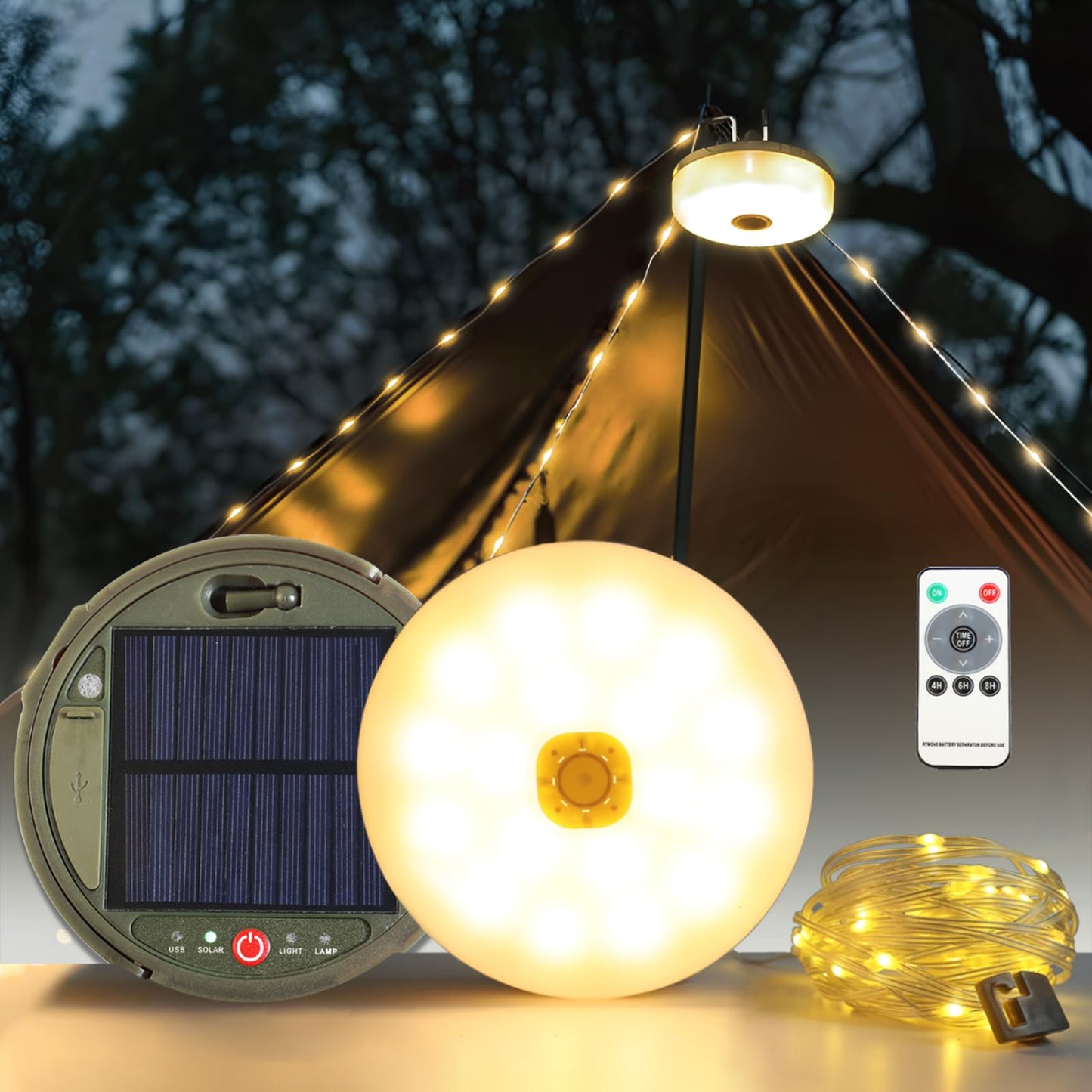 MDCMLKS Solar Camping String Lights, 39.4FT, 2-Pack, Waterproof, 8 Lighting Modes, Green, Model SCSL-1