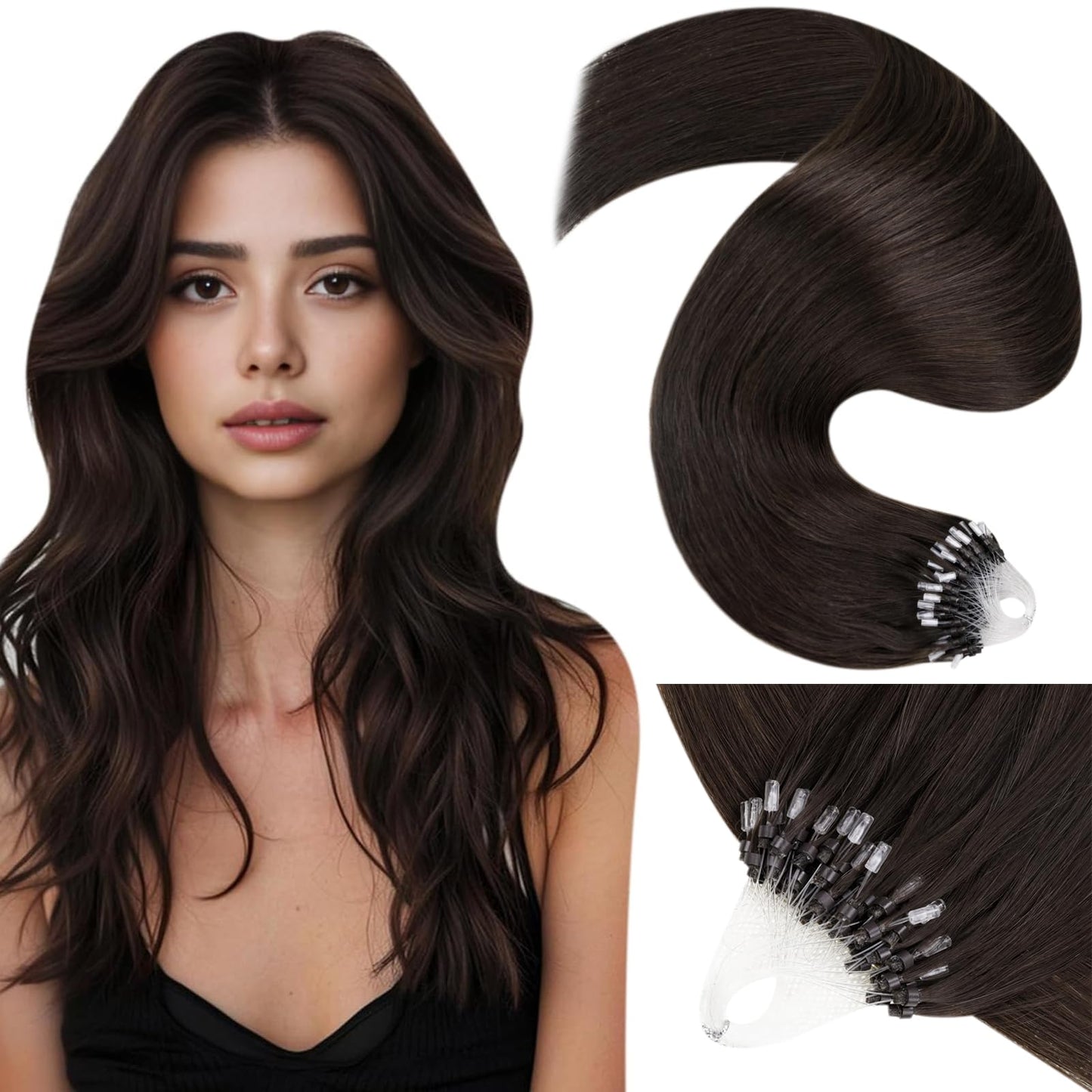 LaaVoo Micro Link Hair Extensions Human Hair Darkest Brown Micro Bead Hair Extensions Human Hair Solid Color Micro Loop Hair Ext