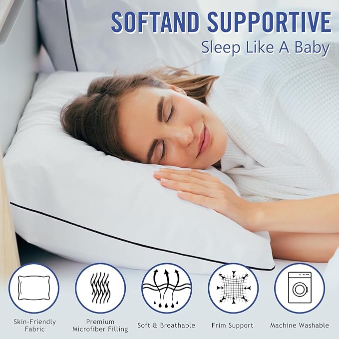 Hotel Collection Bed Pillows for Sleeping 4 Pack Queen Size Cooling Pillows Set of 4 for Back, Stomach or Side Sleepers, Super Soft Down Alternative Microfiber Filled Pillows