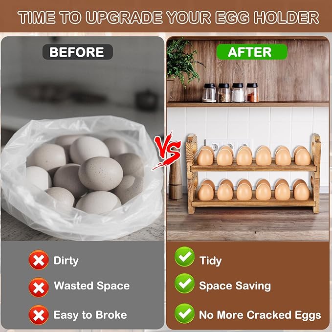Wooden Egg Holder with 4 Layers/48-Hole, Stackable Wood Egg Rack Countertop with Handle, Stores Chicken/Duck/Quail/Turkey/Easter Eggs
