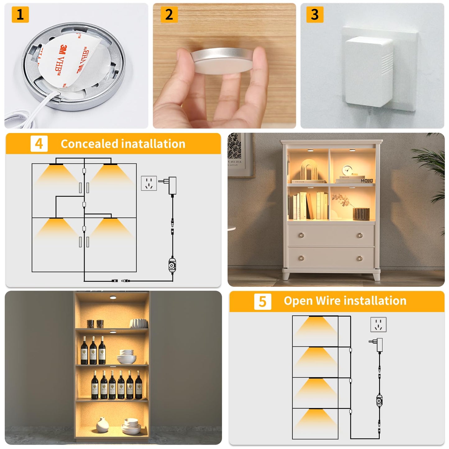 Wobane Dimmable Led Puck Lights  Under Cabinet Lighting With Switch  Plug In Under Counter Lighting For Shelf  Closet  Cupboard  Bookcase  Display  Super Bright  2700K Warm White  4 Pack