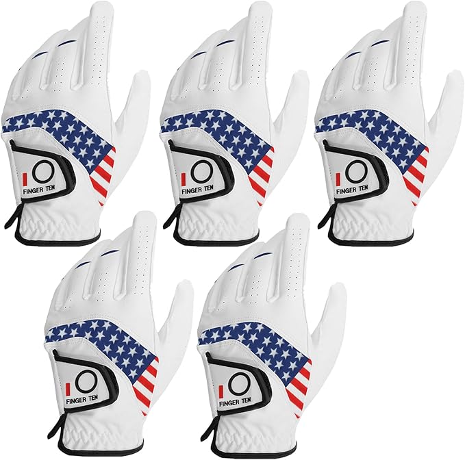 FINGER TEN Golf Gloves Men Value 5 Pack for Left Right Hand, Comfortable Soft & All Weather Grip Mens Golf Glove, Sizes S ...