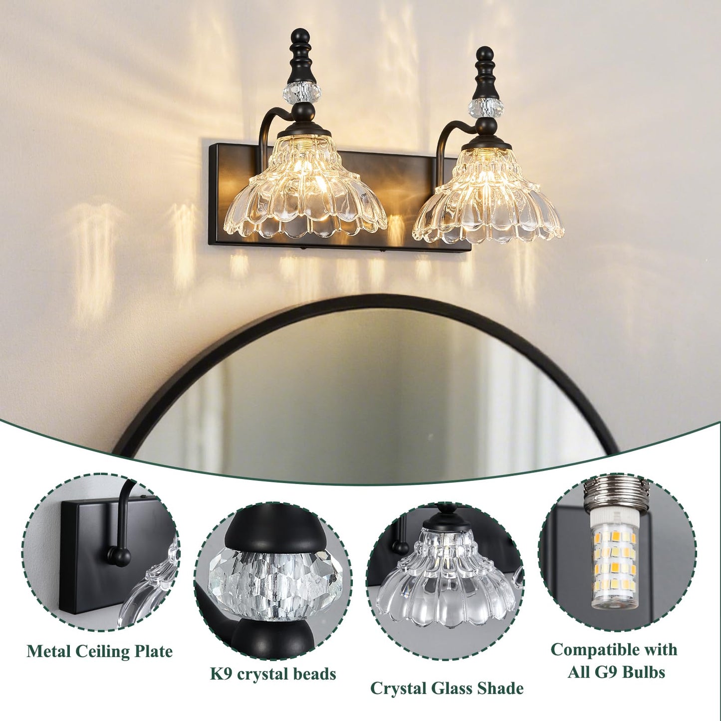 Lbsqj Vintage Bathroom Vanity Light  2-Light Black Vanity Lighting Fixture With Flower Glass Shade  Bathroom Lighting Fixtures Over Mirror