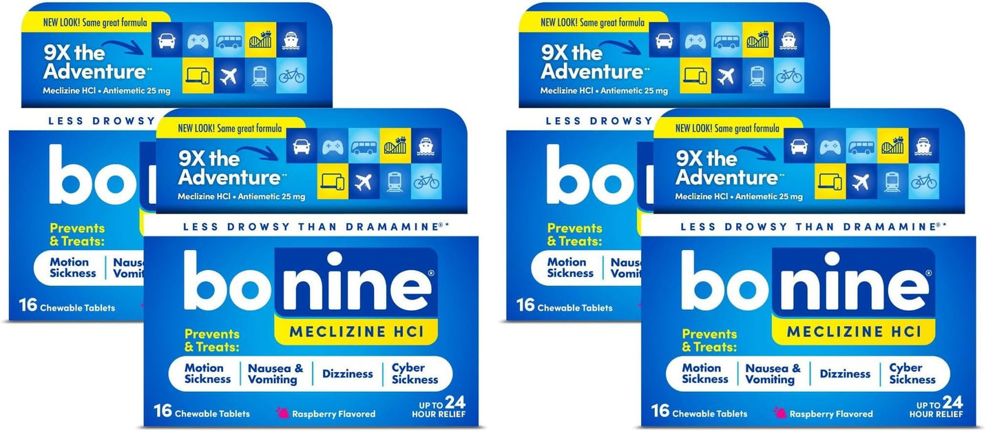 Bonine Non-Drowsy Motion Sickness Relief - 32 Chewable Tablets with Meclizine HCL 25mg - Non Drowsy Medicine for Nausea or Motion Sickness - Cruise Essentials - Raspberry Flavor (Pack of 2)