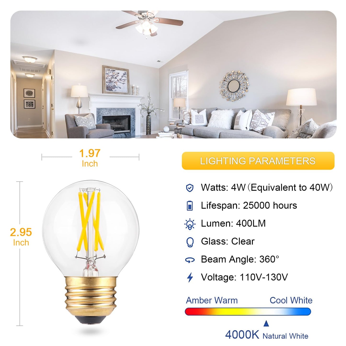 Eq Lighting Dimmable A15 Led E26 Small Light Bulb  Natural White 4000K  40Watt Equivalent Ceiling Fan Light Bulbs  E26 Standard Base Appliance Globe Light Bulb  4W 400Lm  3 Pack