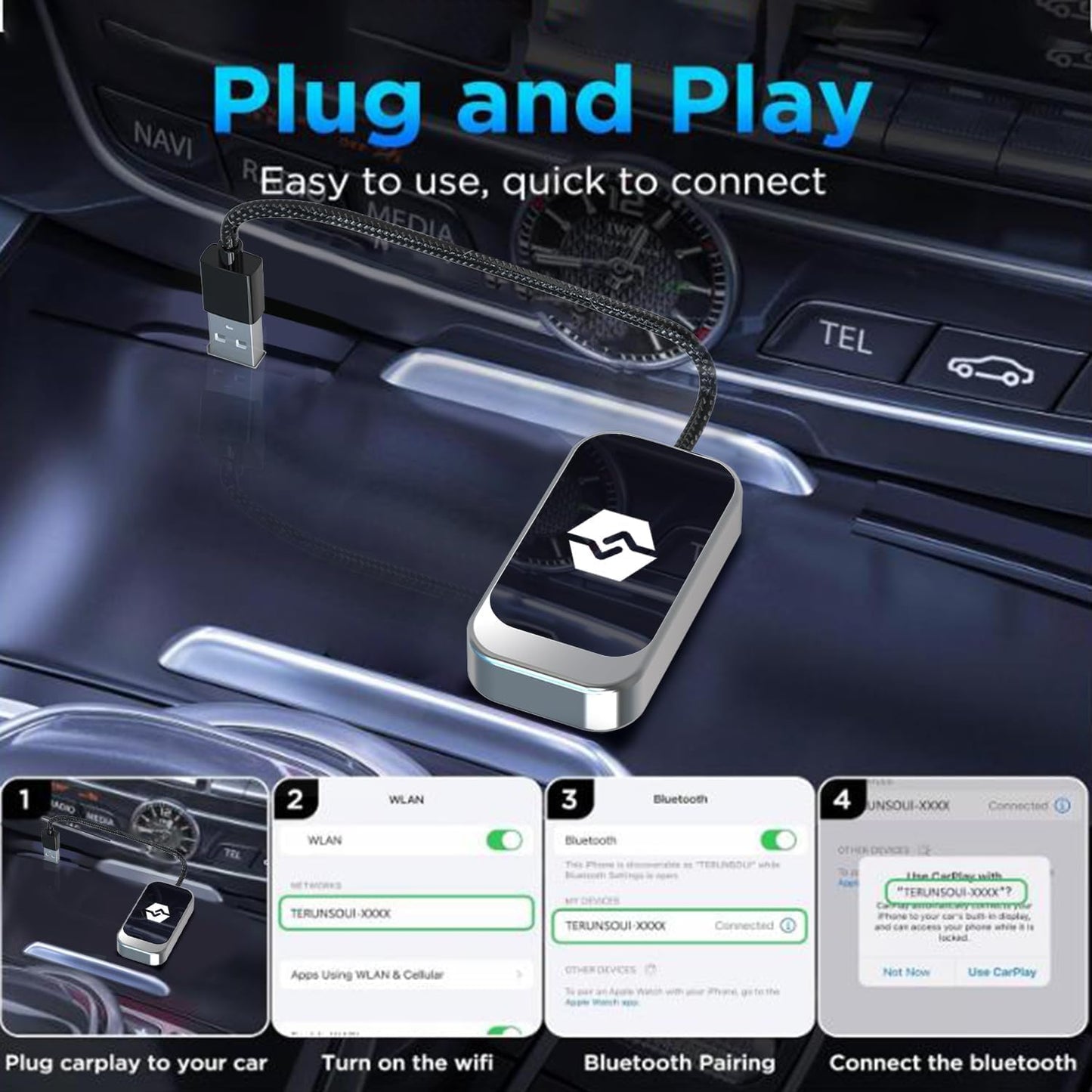 Wireless Carplay Adapter, Converts Wired Carplay To Wireless, Plug & Play Dongle For Ios Devices, Fast & Stable Auto Connection,