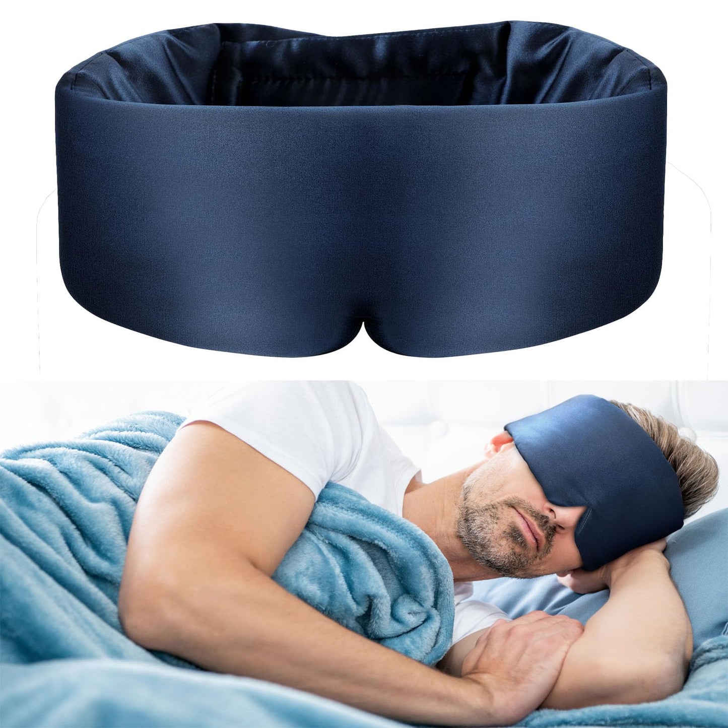 SOLZEK Nature Silk Sleeping Mask Soft Featherweight Eye Mask Large Wrap-Around Blindfold with Adjustable Velcro Blackout for Wild Sleeper Nose Cut (NavyBlue)