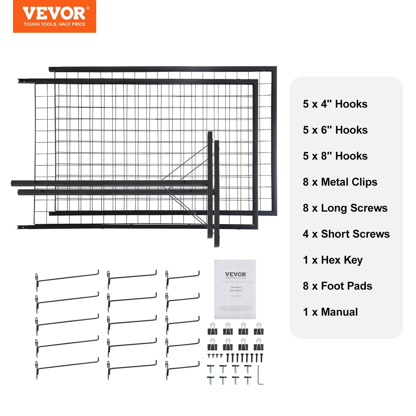 VEVOR 2 x 5.6 in Grid Wall Panels, 2 Packs Wire Gridwall Display Racks Tower with T-Base, Floorstanding Double Side Gridwall Panels, Retail Display with Extra Clips and Hooks for Art Craft Shows