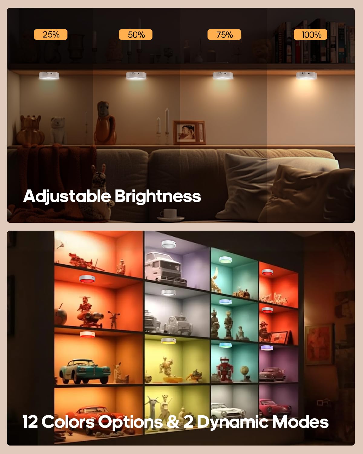 GOODEA.fun Puck Lights with Remote, 13 RGB Colors LED Under Cabinet Light, Rechargeable Battery Operated Under Cabinet Lighting Tap Lights, Stick on Lights with Dimmer and Timer（6 Pack）