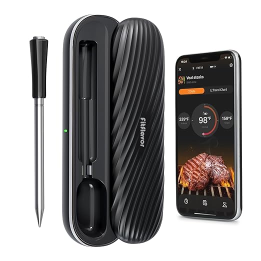 500ft Bluetooth Wireless Meat Thermometer for Smoker, Fitflavor Digital Grill Meat Thermometer Wireless for Grilling BBQ Cooking Oven Rotisserie, Rechargeable Battery, IP67 Waterproof (FNT11-4)