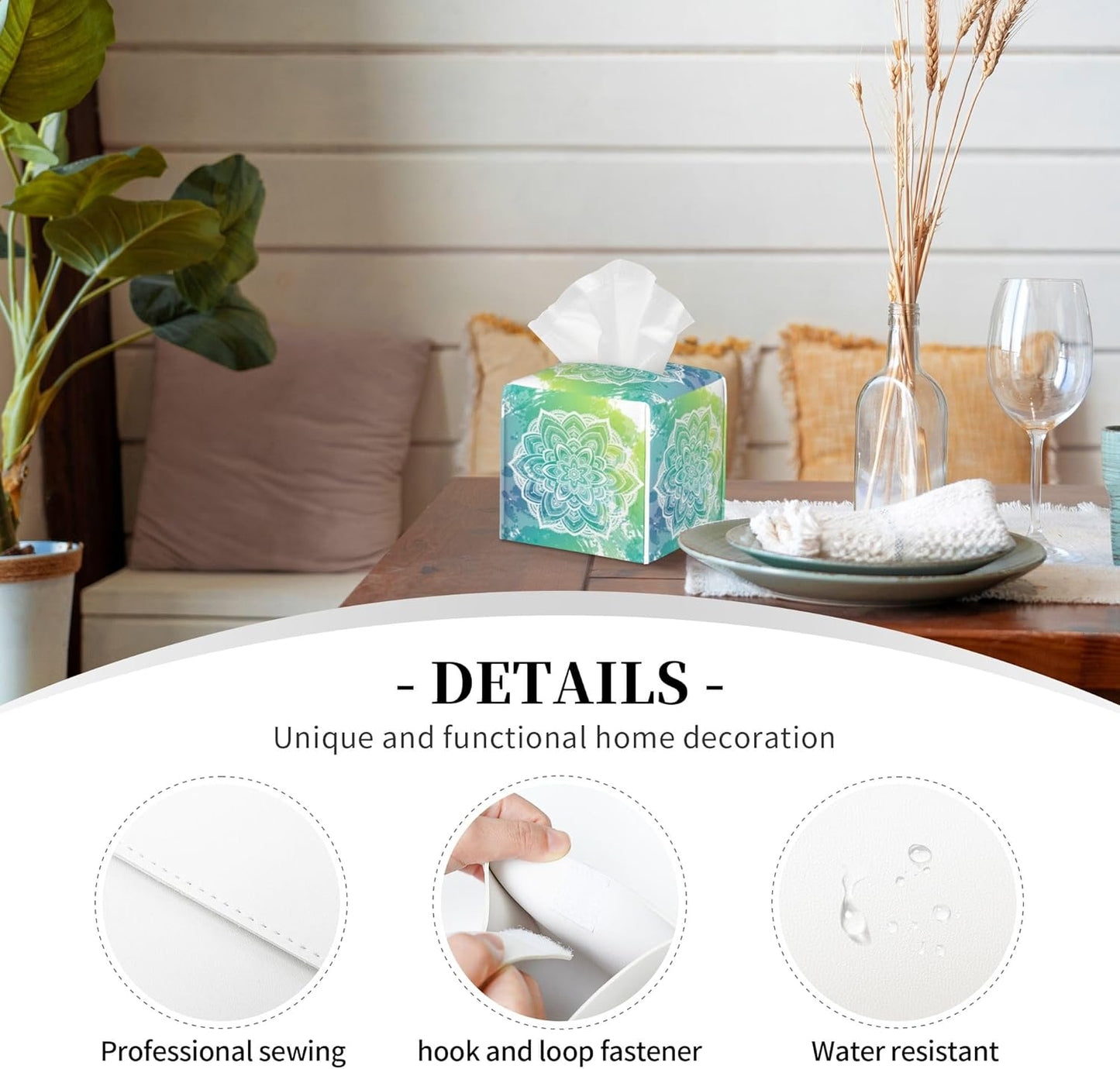 Green Boho Mandala Flower Tissue Box Cover Square, Abstract Mandala Floral Tissue Box Holder Waterproof Leather Facial Paper Organizer Dispenser for Bathroom Home Car Nightstand Vanity Desk