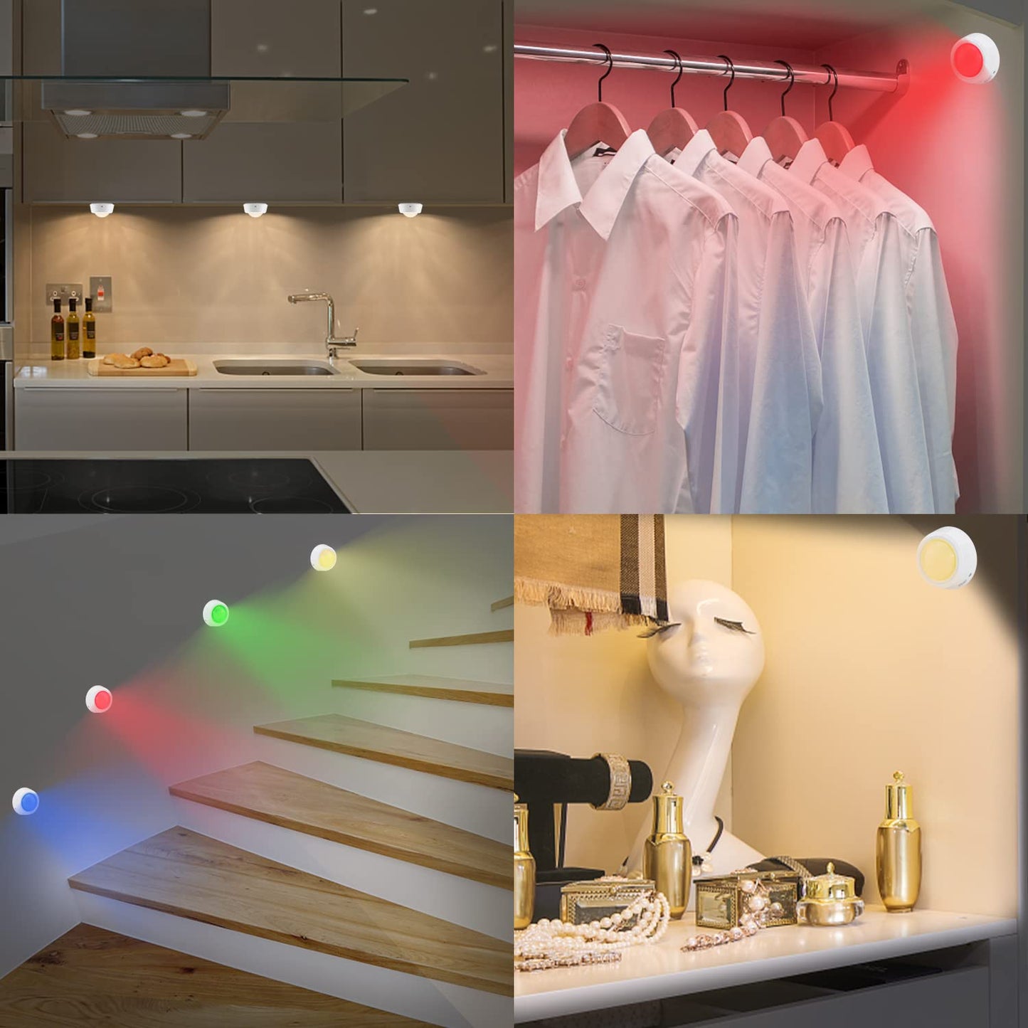 BIGLIGHT Battery Operated LED Puck Lights, Remote Controlled, RGB, 4 Pack, Plastic, M Size, 16 Colors