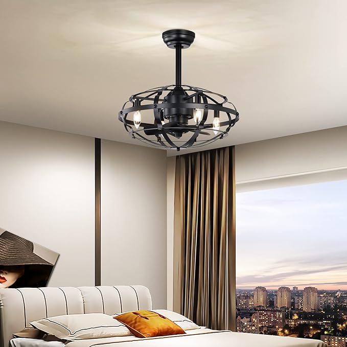 NicBex Ceiling Fan 20 Inch Indoor Industrial Ceiling Fan with Lights Ceiling Fans with 5 Blades and Remote Control Caged Ceiling Fan for Bedroom, Living Room, Black