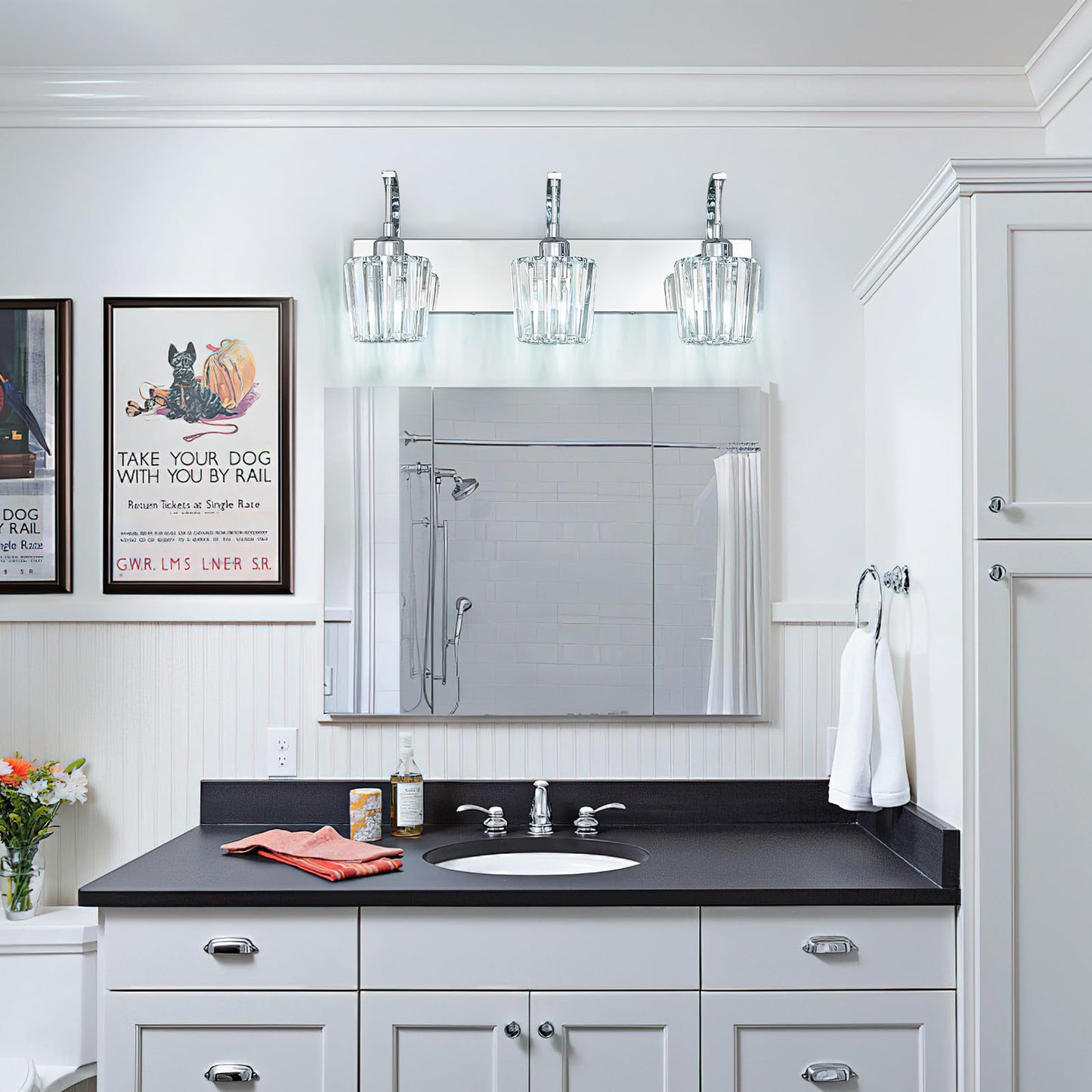 Fdpby Modern Bathroom Vanity Light  3-Light Chrome Wall Sconce With Crystal Accents  Over Mirror Bathroom Lighting Fixture  23.62 Long Dimmable Vanity Lamp For Makeup  Easy Installation