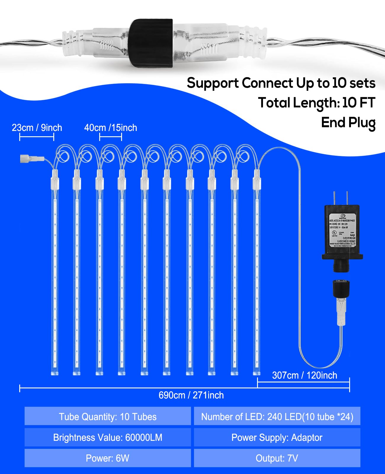 EAGWELL Christmas Rain Lights, UL Certified Falling Icicle String Lights, 12 Inch, Shine Blue, 10 Tubes for Outdoor Holiday Decor