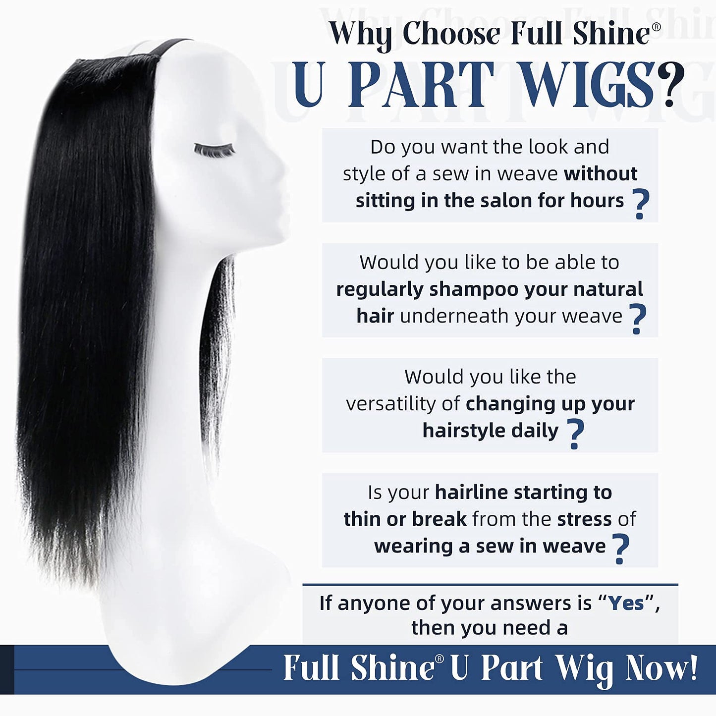 Full Shine U Part Natural Hair Half Wig - Jet Black Straight 20Inch U Part - Remy Straight 150Grams Invisible Extensions