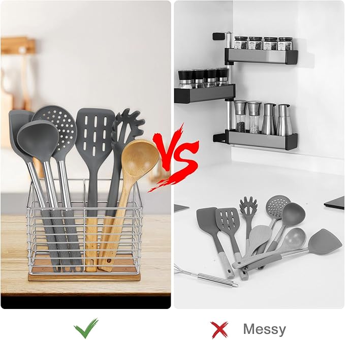 Utensil Holder for Kitchen Counter, Metal Utensil Holder Rack for Kitchen Countertop, Cooking Tools Storage for Spatula, Utensil Organizer with Sturdy Base, and Drainage Hole (Chrome Wooden)