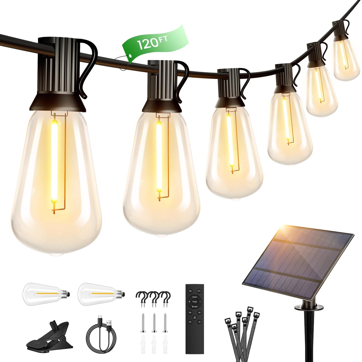 OHLUX Solar String Lights 120FT with Remote, 2200K Soft Warm Light, 52 Shatterproof ST38 Bulbs, Dimmable Outdoor Edison Hanging Lights