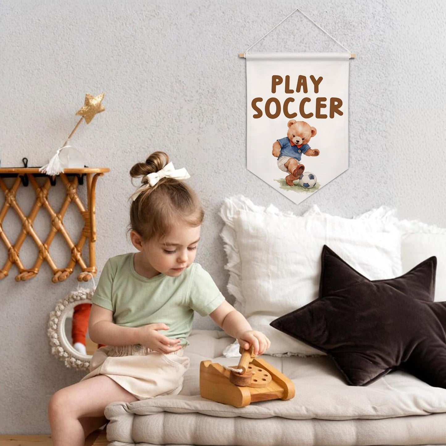 ArtisaEura Bear Nursery Wall Canvas Banners, Bear Nursery Decor, Play Soccer Hanging Display Pennant Banner Flags, Play Room Wall Decor for Kids Toddler Boys Room Bedroom Playroom