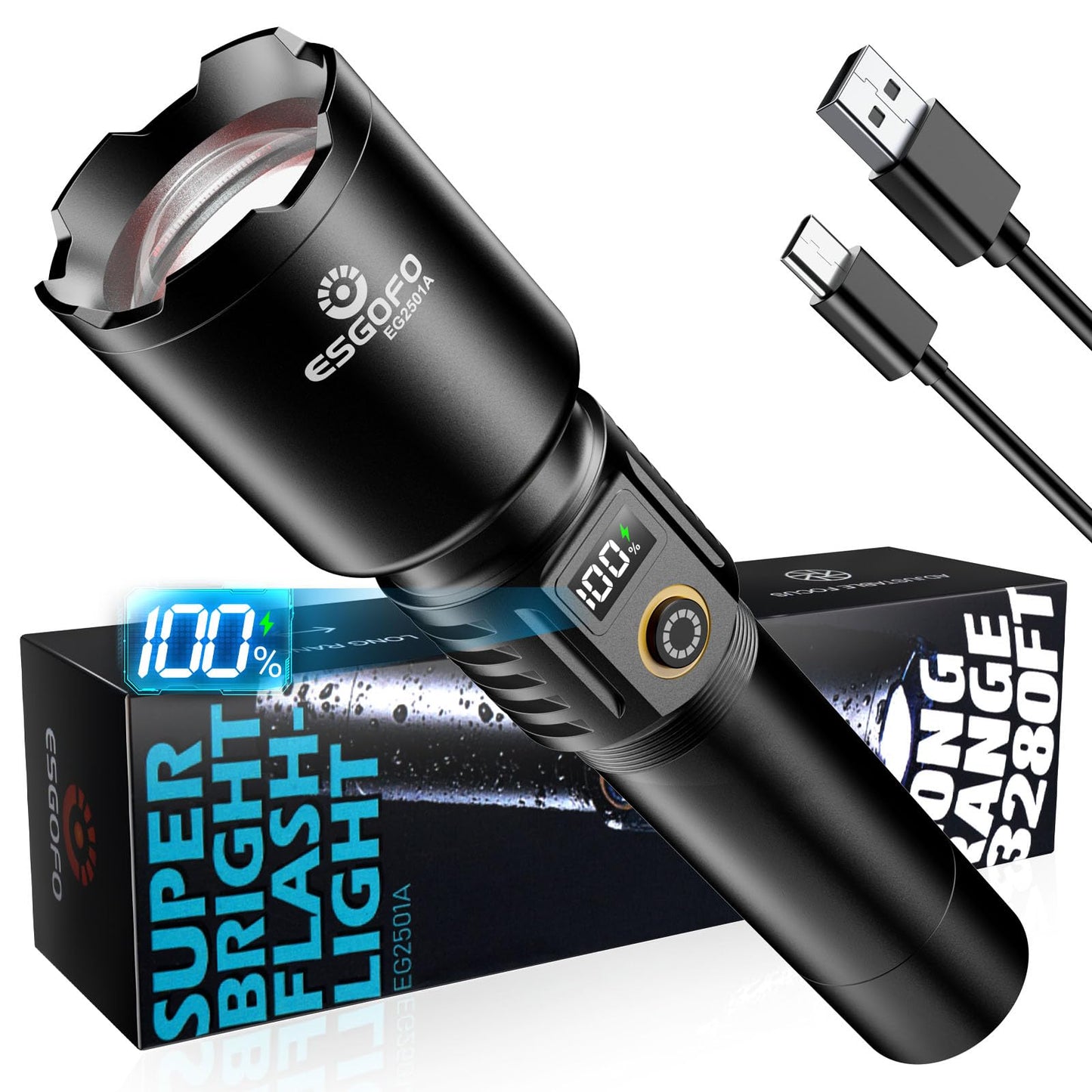 Esgofo LED Flashlight 90,000 Lumens 3280FT Range USB C Rechargeable Aluminum Black Model EG2501A