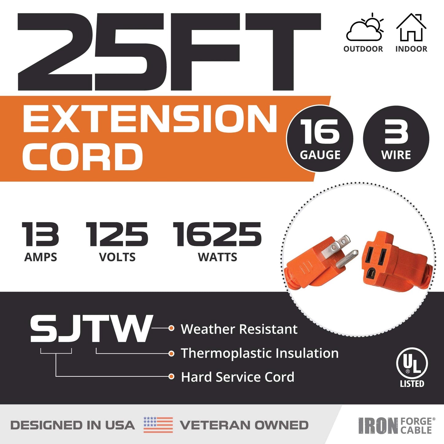 Iron Forge Cable Weatherproof 25 Ft Outdoor Extension Cord - 16/3 Sjtw 13 Amp Heavy Duty Highly Visible Orange Extension Cord 3