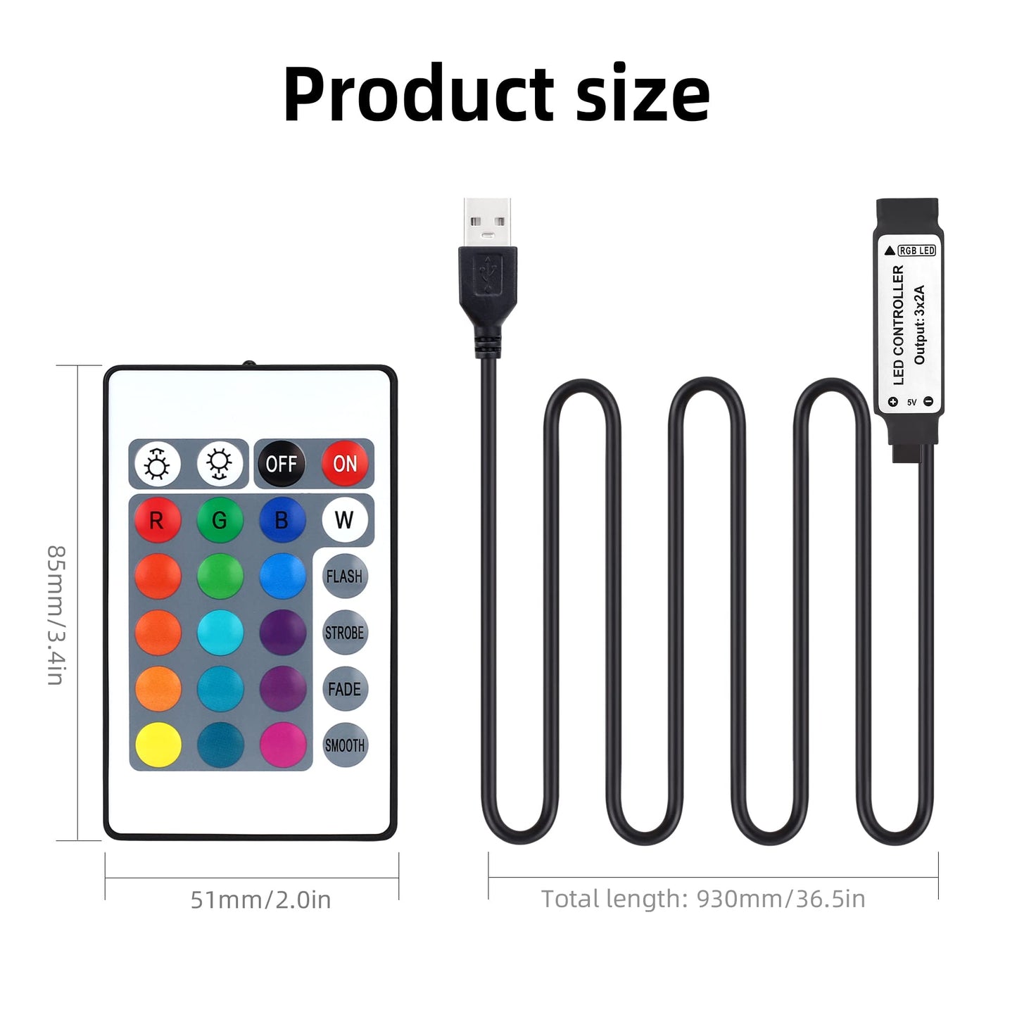 Rgbzone 5V Usb Rgb Led Controller With Ir Remote, 1M 4-Pin For 5050 2835 5630 Led Strip Lights, 24 Keys, Plastic