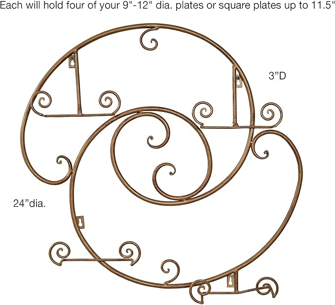 Laylla Wall-Mounted Plate Rack | Handpainted Satin Gold Durable Powdercoat | Handcrafted Metal Display with Swirling Scroll Accents | Holds 4 of Your Decorative 9 to 12 Inch Round or Square Plates